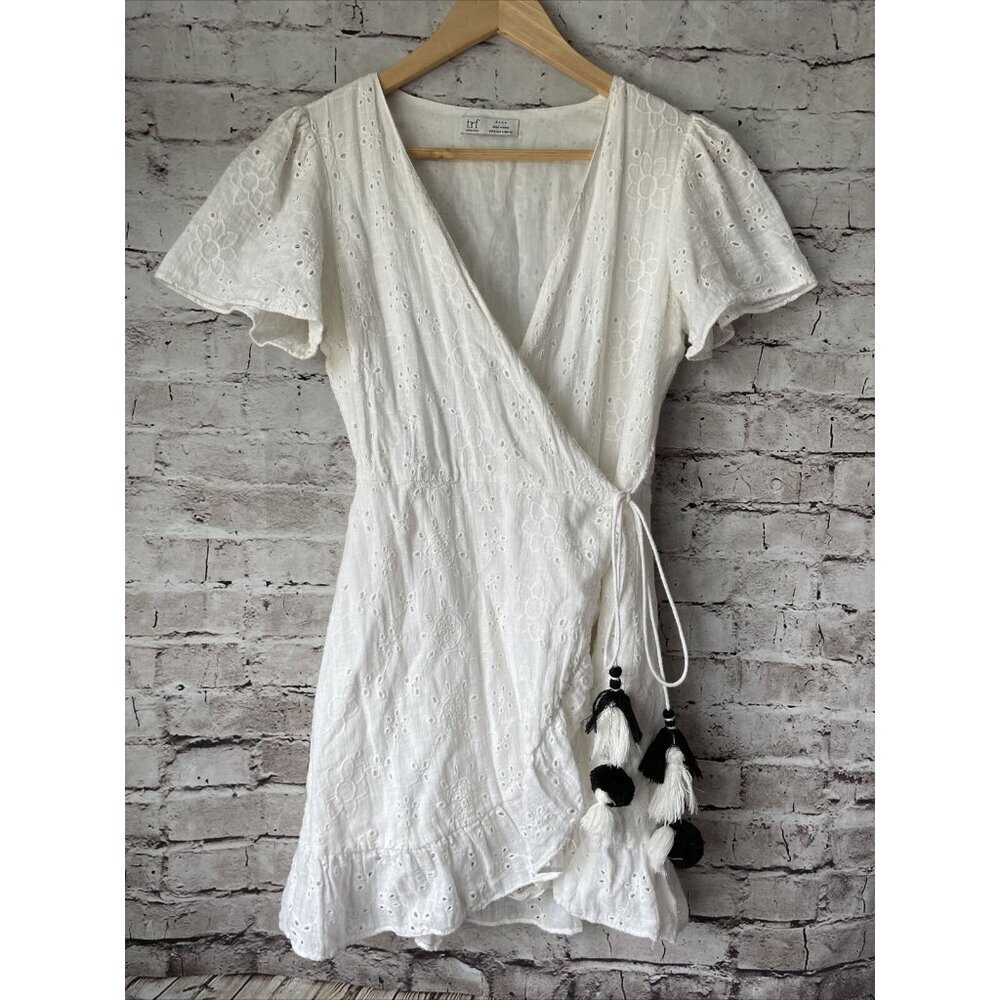 trf collection ZARA White‎ Eyelet Mini Wrap Dress V Neck BOHO Women’s S